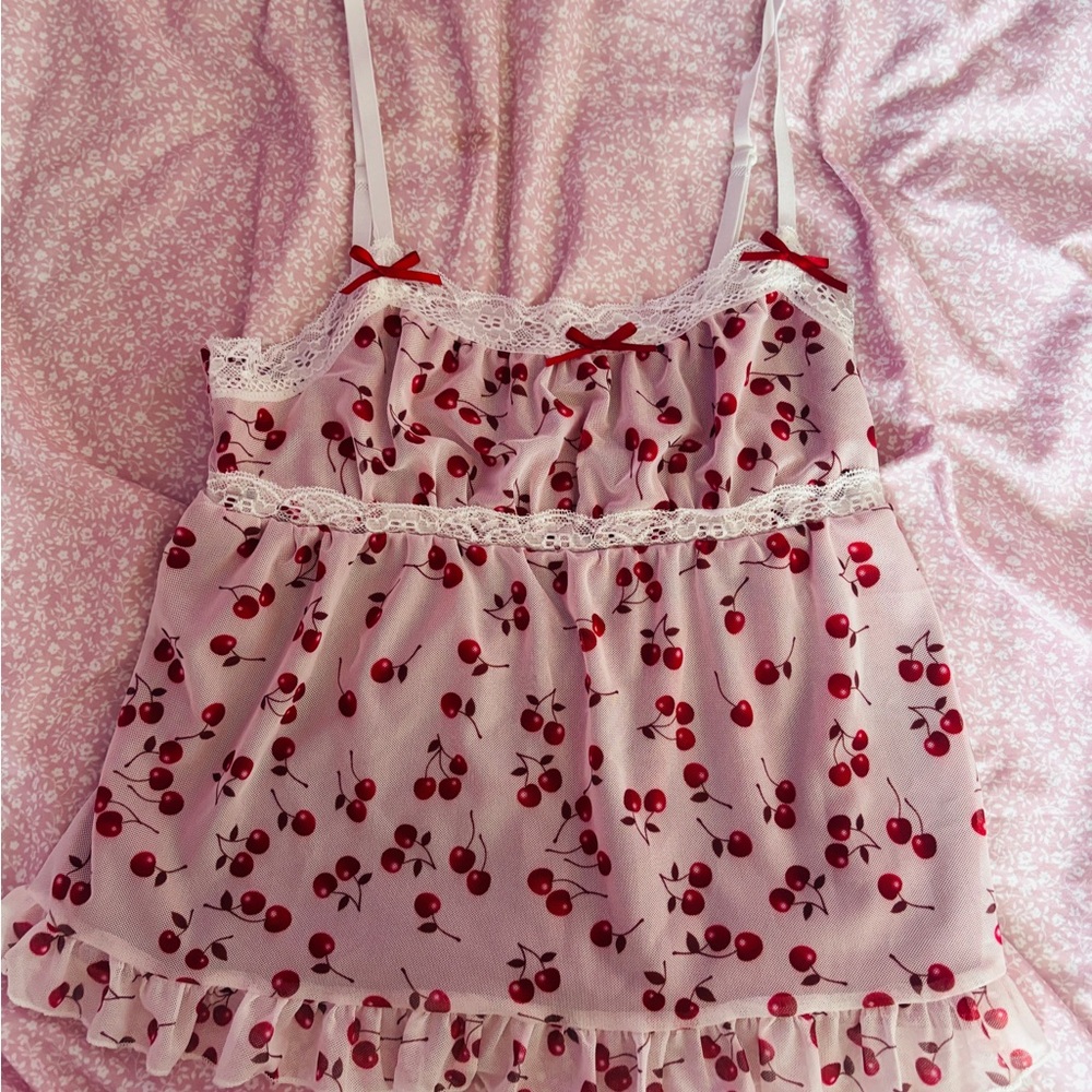 Coquette cherry print white lace tank top